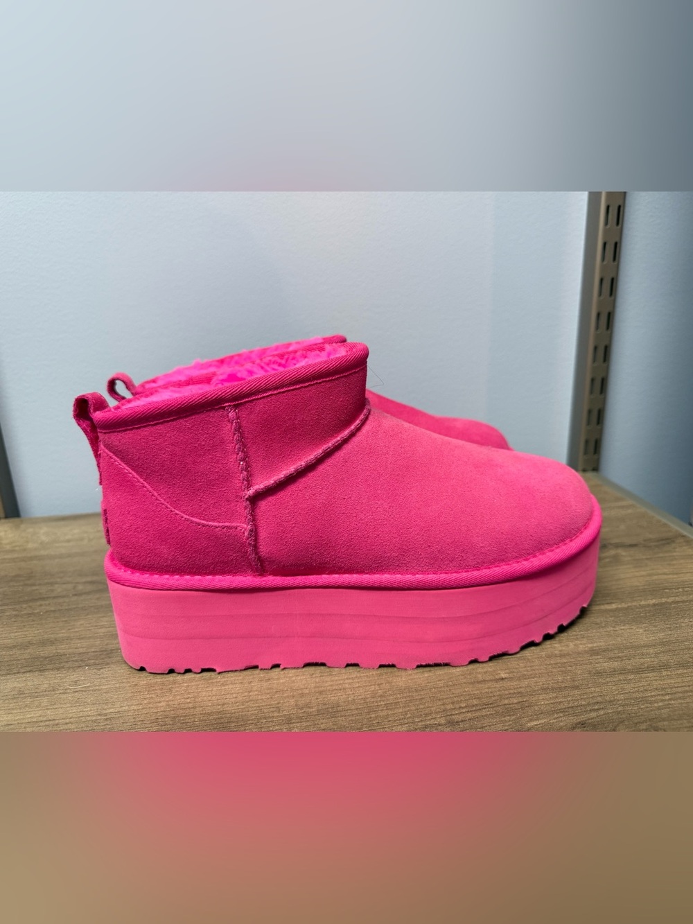 UGG Women's Bright Pink Plush Slip-On Boot platform mini